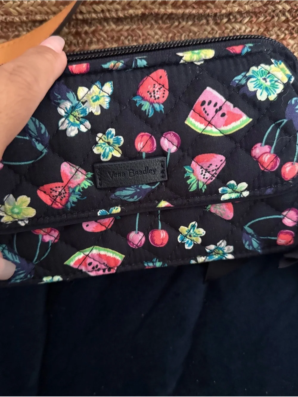Vera Bradley Brown Straw Tote with Pink Fruit Embroidery  with wallet